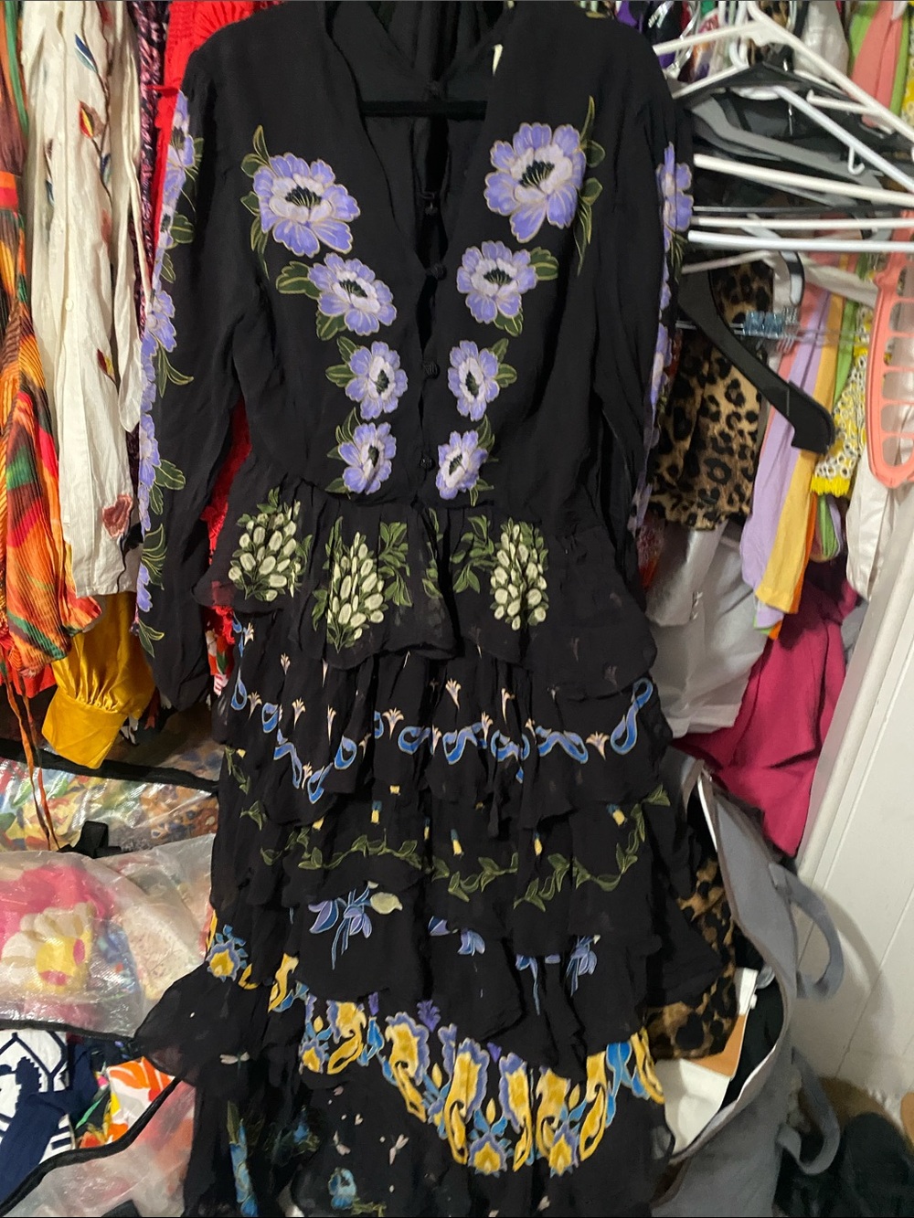 Fram  río  Floral Tiered Maxi Dress with Lavender Blooms